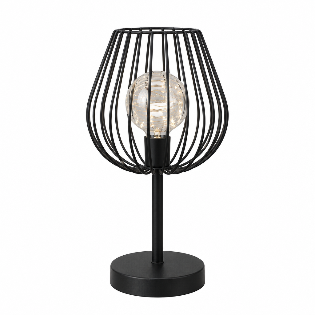 Black Wire Cage Table Lamp with String Light Globe