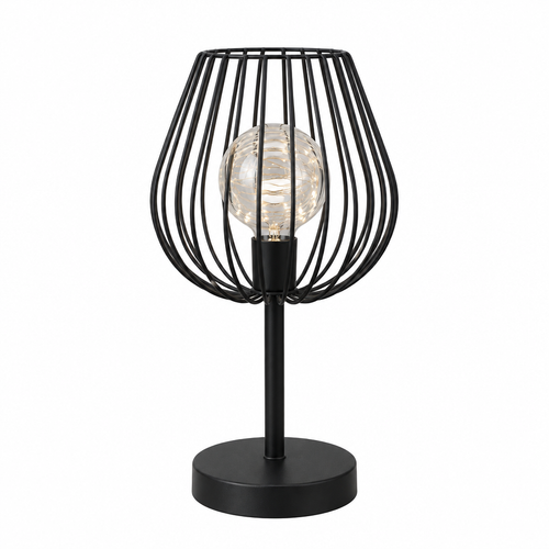 Black Wire Cage Table Lamp with String Light Globe